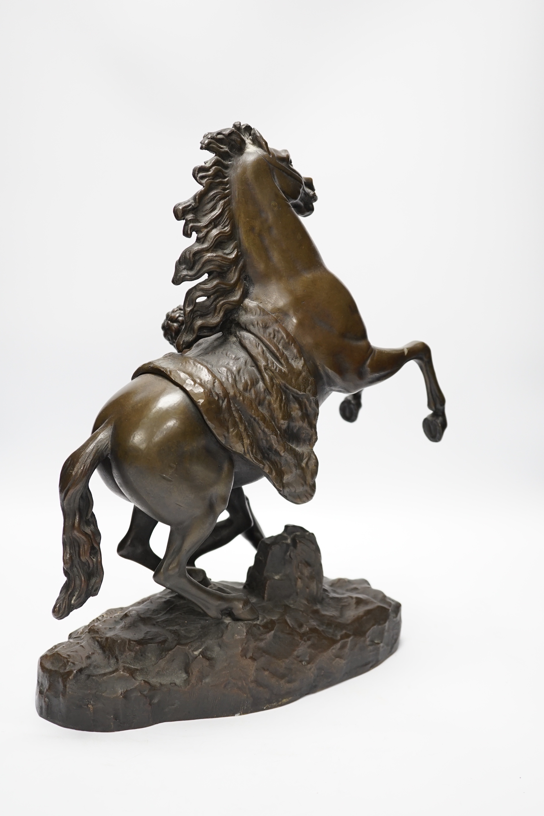 An early 20th century bronze Marly horse group, 40cm